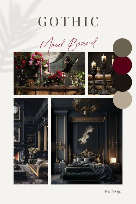 Gothic Mood Board, Neo Gothic Interior Design, Gothic Moodboard, Gothic Interior Design, Farmhouse Color Scheme, Gothic Farmhouse, Gothic Living Room, Interior Design Basics, Gothic Interior