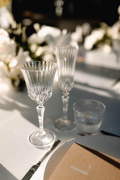 Wedding Table Glassware, Crystal Glasses Wedding, Twelve Tables, Celebration Photography, Glassware Wedding, Spring Table Settings, Wedding Glassware, Together Journal, Unique Table Settings