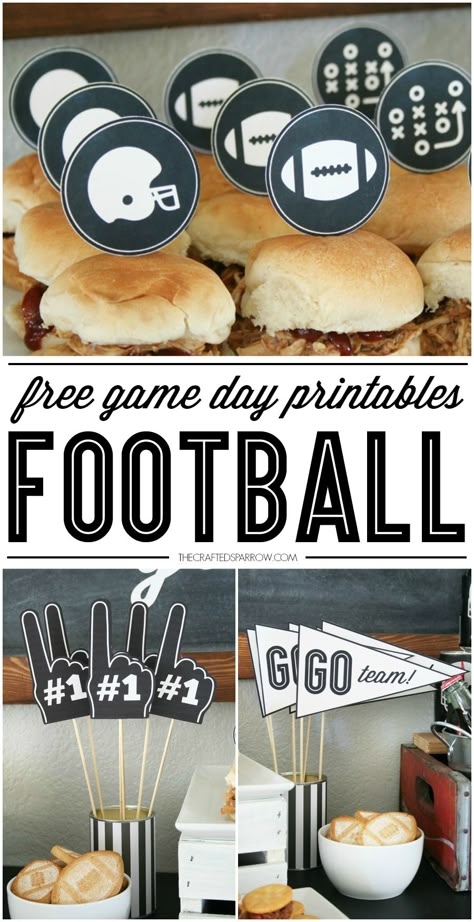 Free Football Printables, perfect for parties or the Big Game!                                                                                                                                                      More Cricut Football Party Ideas, Penalty Flags Printable Free, Free Superbowl Party Printables, Printable Football Decorations, Diy Football Party, Football Themed Birthday Party, Football Printables, Football Banquet, Football Parties