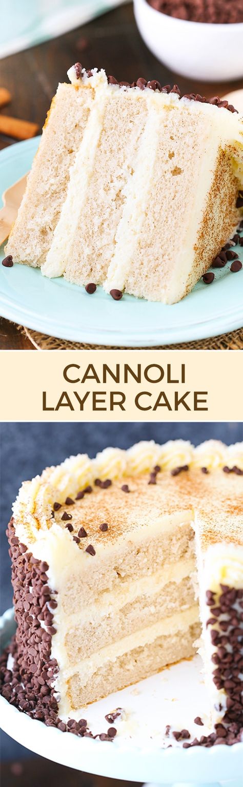 This Cannoli Layer Cake is a light, moist cinnamon cake filled with mascarpone & ricotta filling, then frosted with mascarpone frosting and chocolate chips! #cannolicake #cannolilayercake #cinnamoncake #cannolicakerecipe #bestcakerecipe #cinnamoncakerecipe Moist Cinnamon Cake, Cinnamon Cake Recipes, Cake With Mascarpone, Fluffy Layers, Cannoli Cake, Ricotta Filling, Mascarpone Frosting, Layer Cake Recipes, Cinnamon Cake