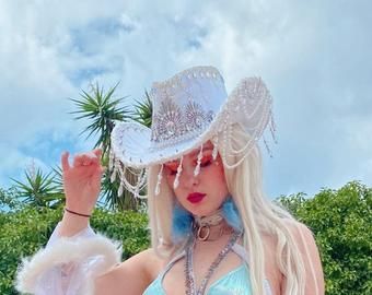 Rave Cowboy Hat, Festival Cowboy Hat, Chaotic Clothes, Embellished Cowboy Hat, Cowgirl Dress Up, Rainbow Festival, Pride 2023, White Cowboy Hat, Bachelorette Hats