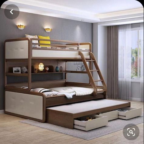 Modern Bunk Beds For Girls Room, Bunk Bed Steps, Bunk Bed Rooms, Kids Bed Design, Beds Kids, Triple Bunk Beds, Triple Bunk Bed, Triple Bunk, Wooden Bunk Beds