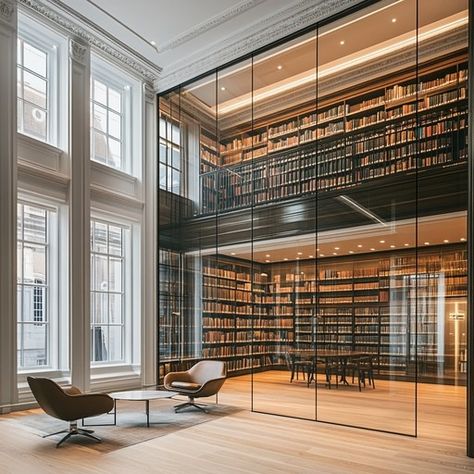 The interior of a contemporary library is elegantly designed with floor-to-ceiling glass walls that encase rows of extensive bookshelves, filled with a diverse collection of books. Natural light floods in through large windows, highlighting the rich wooden floors and the minimalist, stylish furniture strategically placed for readers. This setting not only promises a quiet sanctuary for reading but also a visually stunning reminder of modern architectural beauty in functional spaces. Luxury House Library, Modern Library Aesthetic, House Libraries, Modern Library Design, Modern Library Room, Modern Home Library Design, Minimalist Library, Chairs For Reading, Dream House Library