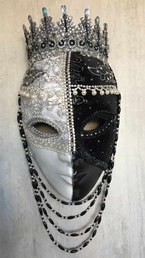 Unique full face mask, handcrafted in dramatic black and white. Embossed silver/white brocade and black velvet fabric embellished with diamantes, pearls, braid, crystals and jet beads. Stunning wall decoration for your home or studio or perfect as a unique statement piece for that masquerade ball or party.  Each Tiaura Arts piece comes with signed and dated certification detailing its unique title and catalogue number.  To see the full range of my work, I invite you to visit my website: www.tiau Masquerade Mask Full Face, Masquerade Ball Outfits, Venice Carnival Costumes, Venice Mask, Unique Masks, Black Velvet Fabric, Ball Mask, Masked Ball, Venetian Masks