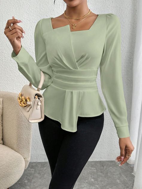 Mint Green Casual,Elegant Collar Long Sleeve Woven Fabric Plain Peplum Embellished Non-Stretch  Women Clothing African Fabric Accessories, English Dress, Woman Suit Fashion, Brown Skirts, Fabric Accessories, Irregular Hem, Layered Tops, Women Blouses, Casual Work Outfits