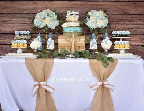 Nathan's rustic Baptism Boy Baptism Centerpieces, Baptism Party Boy, Baptism Decorations Boy, Decoration Communion, Baptism Decorations Girl, Baptism Party Decorations, Baptism Party Ideas, Baptism Party Favors, Confirmation Party