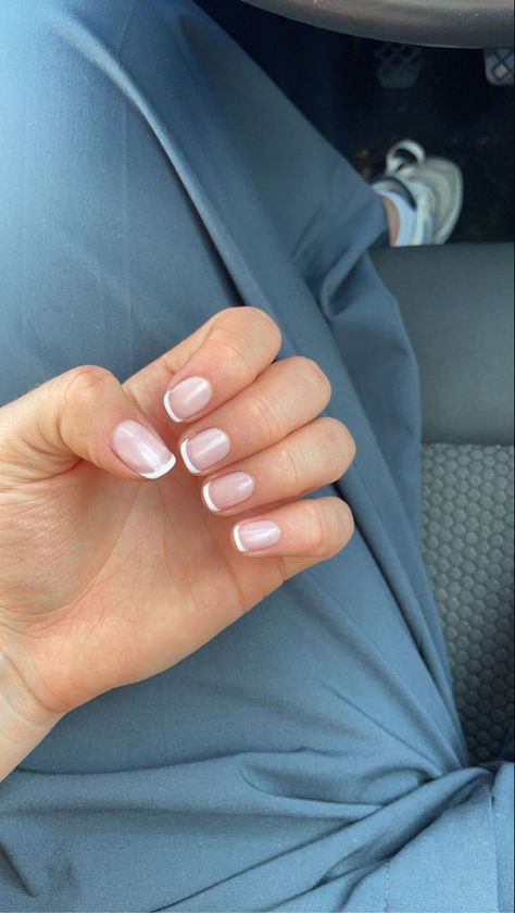 French tip nails French Nails Small Tip, French Tip On Regular Nails, French Tip Normal Nails, Shellac Tips Nails, Short French Biab Nails, Extra Short Nails French Tip, Biab French Tip Short, Simple Nails Shellac, Short Nail Shellac Ideas Simple