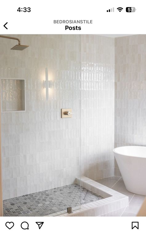 White Shower Tile, White Tile Shower, Bedrosians Tile, Shower Wall Tile, White Bathroom Tiles, Shower Floor Tile, Master Shower, Bathroom Redesign, Bathroom Shower Tile