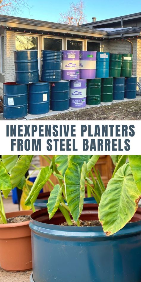 Barrel Garden Ideas, Barrel Garden Planters, Plastic Barrel Planter, Diy Small Backyard, Backyard Planters, Pallet Projects Garden, Barrel Roll, Bucket Planters, Landscaping Diy