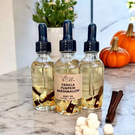 Vanilla Pumpkin Marshmallow Body Oil, Luxury Body Oil, Massage Oil, Hydrating Oil, After Bath Oil, Scented Body Oil, Fall Body Oil, Gift by MaisonMiya on Etsy Body Oil Recipe, Pumpkin Marshmallow, Scented Body Oil, Scented Body Oils, Bath Oil, After Bath, Body Oils, Bath Oils, Oil Recipes