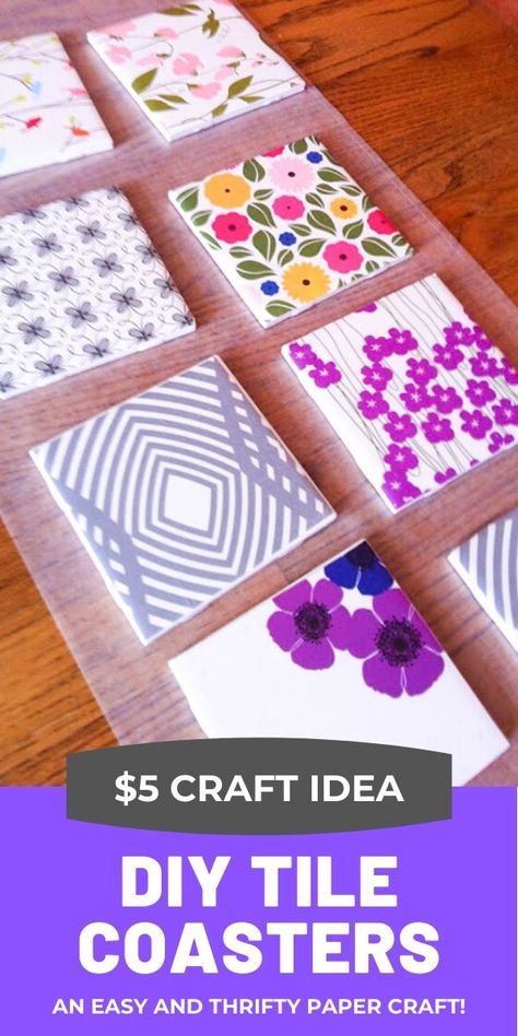 DIY Tile Coasters with scrapbooking paper #tilecoasters #diycoasters #coasters #coastercrafts #papercoasters Crafts To Make With Scrapbook Paper, Coasters From Tiles, Ceramic Tile Crafts, Coasters Tile, Repurpose Diy, Diy Coasters Tile, Craft Nights, Grandma Camp, Scrapbook Paper Designs