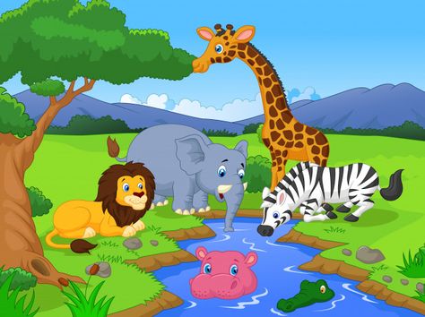 Cute african safari animal cartoon chara... | Free Vector #Freepik #freevector #freebackground #freetree #freewater #freegreen Forest Scenery Drawing For Kids, Forest Scenery Drawing, Animal Cartoon Characters, Basic Drawing For Kids, Scenery Drawing For Kids, Forest Cartoon, Cartoon Sea Animals, Jungle Safari Party, Old Paper Background