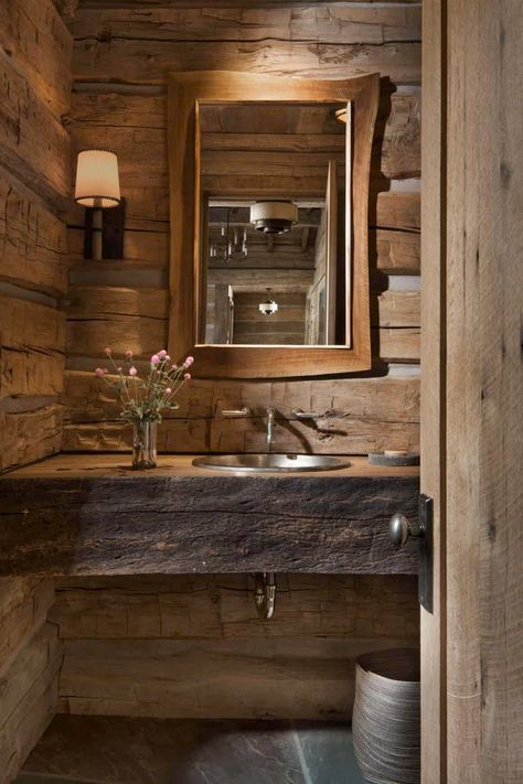 Rustic mountain getaway boasts idyllic views of Yellowstone National Park Rustic Powder Room, Rustic Bathroom Mirrors, Rustic Mountain Homes, Yellowstone Club, Cabin Bathrooms, Rustic Bathroom Designs, Modern Mountain Home, Mountain Getaway, Small Bathroom Ideas Modern