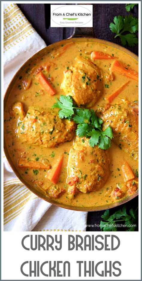 Curry Braised Chicken Thighs is a delicious Indian-inspired dinner for two.  Spicy, flavorful and budget-friendly, it's sure to spice up the night with your loved one! #chicken #chickenthighs #curry #chickencurry Curry Chicken Thighs, Chicken Thigh Recipe, Braised Chicken Thighs, Chicken Thighs Recipe, Thighs Recipe, Braised Chicken, Curry Dishes, Curry Chicken Recipes, Dinner For Two