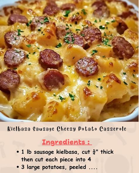 Ingredients: 1 lb kielbasa sausage, cut into ¼” thick slices then quartered 3 large potatoes, peeled and diced into ½” cubes 1 cup diced onions... Easy Kielbasa Recipes, Kielbasa Sausage Recipes, Kielbasa And Potatoes, Kielbasa Recipes, Cheesy Potato Casserole, Kielbasa Sausage, Cheesy Potato, Sausage Casserole, Cubed Potatoes