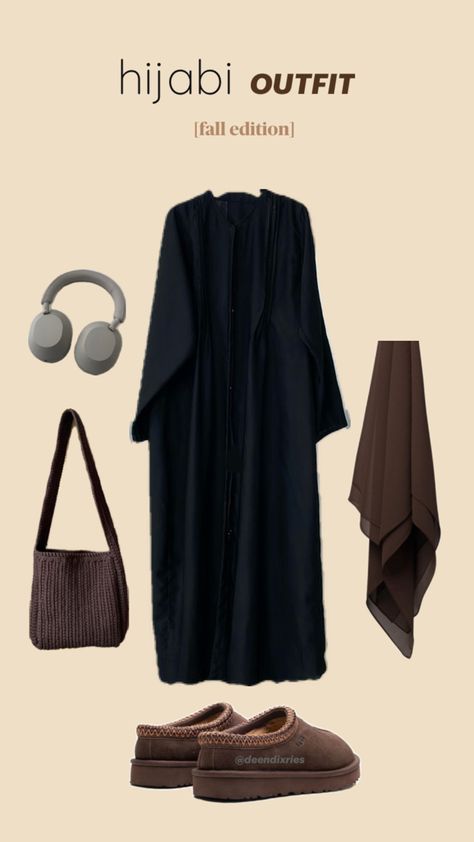 modest black abaya dress brown hijab brown tote bag Ugg shoes Sonny headphones hijab fashion inspiration Fashion Brown Aesthetic, Aesthetic Hijab Outfit Ideas, Abaya Hijab Outfit, Brown Hijab, Modest Abaya, Islamic Modest Fashion, Modest Girly Outfits, Abaya Hijab, Hijabi Outfit