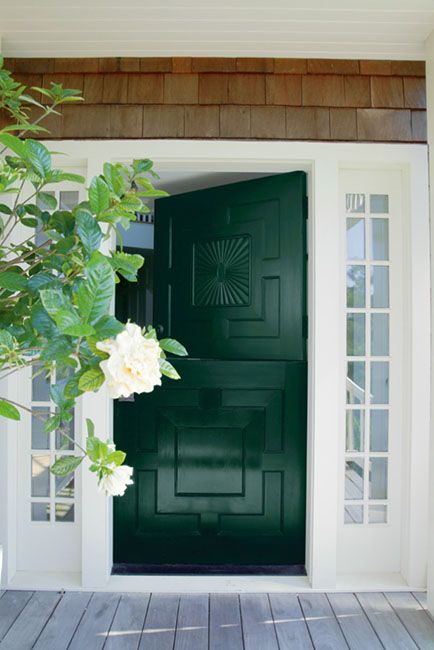 FRONT ENTRANCE IDEAS & INSPIRATION - Benjamin Moore's Forest Green 2047-10. Via @benjamin_moore Dutch Doors Exterior, Green Front Doors, Front Door Paint Colors, Door Colors, Door Paint Colors, Painted Front Doors, Dutch Door, Front Door Colors, Green Door