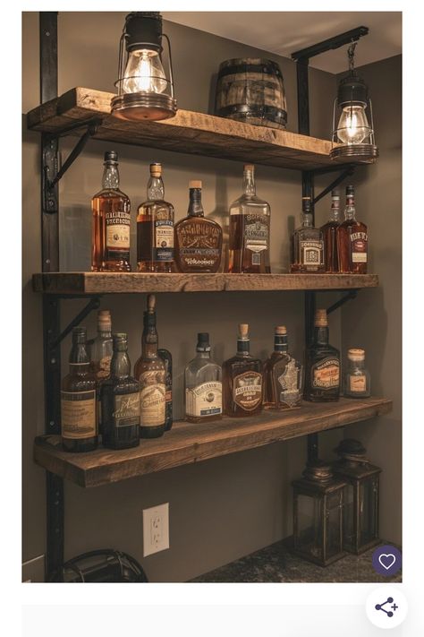 Rustic Liquor Shelf, Bourbon Shelf Ideas Living Room, Floating Shelves Basement Bar, Whiskey Bar At Home, Whisky Shelf Ideas, Liquor Cabinet Ideas Diy, Liquor Organization Ideas, Under Stairs Bourbon Storage, Basement Bar Shelving Ideas