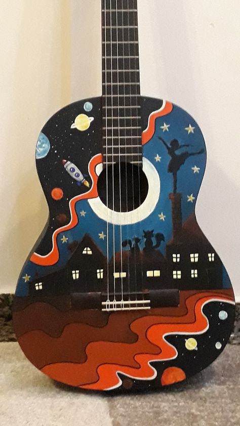 Ukulele Illustration, Guitar Art Project, Hand Painted Guitar, Custom Ukulele, Painted Guitar, Ukulele Art, Paper Cup Crafts, Guitar Designs, Guitar Ideas