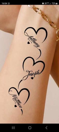 Name And Heart Tattoo, Tattoo Ideas With Kids Names For Women, Children Name Tattoo Ideas For Women, Heart Tattoo With Name, Grandchildren Tattoo Ideas, Kid Name Tattoo Ideas Mothers, Mother Daughter Tat, Grandchildren Tattoos, Heart Tattoos With Names