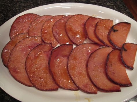 I made these tasty Ham Steaks for New Years Day along with Hoppin John and sauteed cabbage. Easy, fast and good! For the ham,I could not find the regular large ham steak so I used two 22 oz. packages of Hillshire Farms Brown Sugar Ham Steaks, each package had 4 thick slices of bone in ham and this worked perfectly for our family. I also doubled the amount for the glaze to accomadate the additional ham. Ham Slices Recipes, Skillet Ham, Mustard Ham Glaze, Ham Glazes, Mustard Glazed Ham, Ham Steak Recipes, Ham Steak, Hoppin John, Sauteed Cabbage