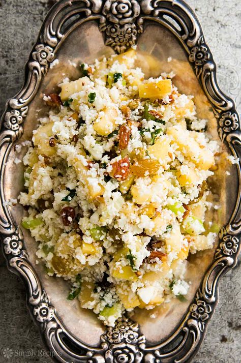 Cauliflower “Couscous” ~ Gluten-free, vegan, mock couscous made with steamed ground cauliflower, apples, nuts, and other mix-ins. ~ SimplyRecipes.com Gluten Free Couscous, Diet Dishes, Cauliflower Couscous, Carb Sides, Couscous Recipe, Hcg Recipes, Couscous Recipes, Fresh Starts, Daniel Fast