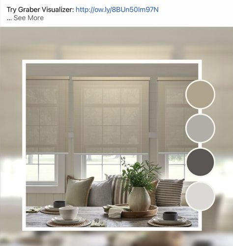 Solar Shades Living Room, Roller Shades Living Room, Solar Blinds, Solar Shades Windows, Rolling Shades, Virtual Window, Grey Window Treatments, Layered Window Treatments, Graber Blinds