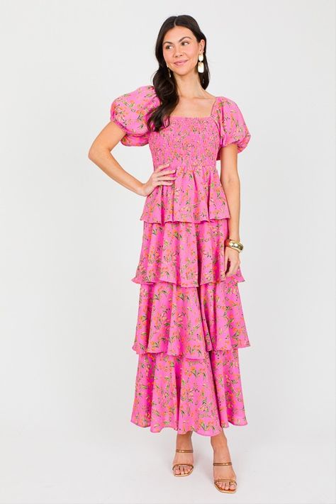 This floral maxi features smocking through the bust falls into a twirl-worthy ruffle layered skirt. Dress it up for a spring wedding with heels, or make it more boho casual with booties and a wide brim hat. Dress With Poofy Sleeves, Maxi Dress For Church, Long Colorful Dress, Modest Ruffle Dress, Ruffled Dress, Back To School Outfit, Easter Maxi Dress, Ruffle Layered Dress, Long Fall Dresses