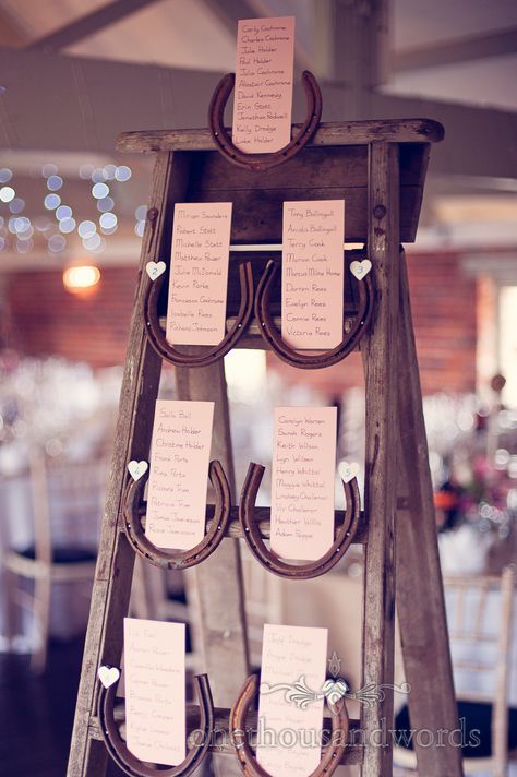 Step ladder and horseshoe table plan from wedding at Sopley Mill. Photography by one thousand words wedding photographers Horse Wedding Theme, Horseshoe Table, Sopley Mill, Equestrian Wedding, Rustic Wedding Seating, Wedding Horseshoes, Horse Wedding, Wedding Table Plan, Seating Plan Wedding