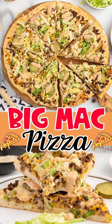 Big Mac Pickle Boats, Cheese Burger Pizza Recipe, Pizza Recipes Homemade Toppings, Big Mac Pizza Recipes, Hamburger Pizza Recipes, Pizza Ideas Toppings, Cheese Burger Pizza, Fast Food At Home, Pizza Topping Ideas