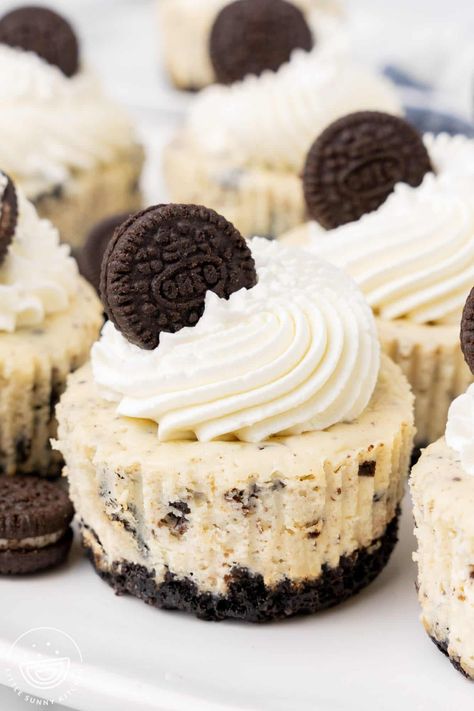 Mini Oreo Cheesecakes are a sweet and easy treat, baked in a muffin tin, with a crispy, buttery Oreo Crust, and creamy cheesecake filling. Mini Oreo Cheesecake Bites, Oreo Crust Cheesecake, Graham Cracker Crust Recipe, Oreo Cheesecake Bites, Mini Oreo Cheesecake, Little Sunny Kitchen, Oreo Filling, Mini Pumpkin Cheesecake, Cheesecake Muffins