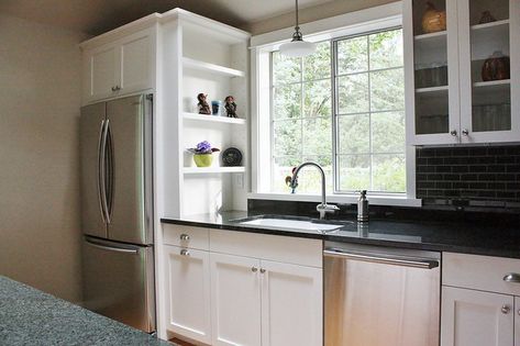 built-in fridge surround and adjustable bookshelf | Mercury Construction | Flickr Fridge Next To Corner Cabinet, Fridge Next To Window In Kitchen, Fridge By Sink, Fridge Surround Cabinet, Fridge Next To Sink, Fridge Cabinet Surround, Built In Pantry Cabinet Wall, Cabinets Around Fridge, Fridge Surround