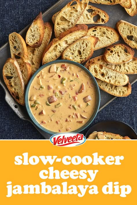 Creamy, melty Velveeta is the  secret to bringing out those Creole flavors with this easy, cheesy dip. Cheese Dip Recipes Velveeta Crock Pot, Crock Pot Queso Dip Velveeta, Jambalaya Dip, Velveeta Cheese Dip With Sausage, Easy Crockpot Queso Dip Velveeta, Cheese Dip Recipes Velveeta Ground Beef, Monster Dip, Hot Dips, Cheesy Dip