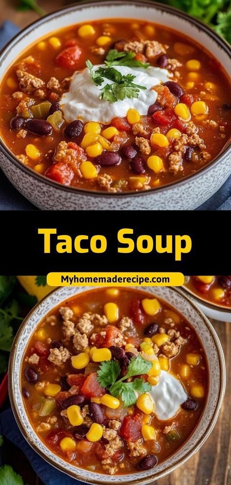 This Taco Soup is a hearty, flavorful dish with seasoned ground beef, beans, and a zesty tomato base. Perfect for a quick and easy dinner! Ingredients: 1 lb ground beef 1 cup black beans, drained 1 cup diced tomatoes 1 packet taco seasoning A simple, satisfying soup that’s loaded with Tex-Mex flavors Taco Soup Velveeta Ground Beef, Tacos Soup Recipe, Thm Taco Soup, Low Sodium Taco Soup Recipe, Fast Dinners With Ground Beef, Taco Soup For Two, Taco Soup Recipe Easy With Rotel, Instant Pot Taco Soup Beef, Homemade Taco Soup