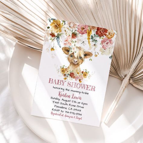 $3.03 | Boho Floral Highland Cow Baby Shower Invite #autumn baby shower, spring baby shower, highland cow, highland cow baby shower, cow baby shower, floral highland cow, girl baby shower, mauve, boho baby shower, garden floral Cow Baby Shower Theme, Cow Baby Shower Invitations, Floral Highland Cow, Highland Cow Baby, Cow Baby Shower, Blue Watercolor Flowers, Cow Nursery, Cow Baby Showers, Boho Baby Shower Invitations