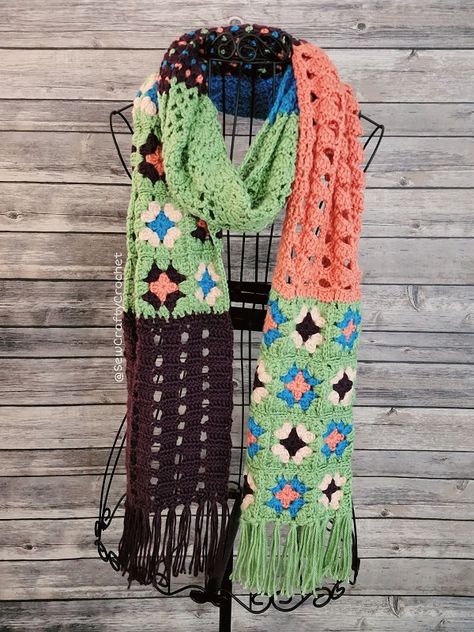 Farfallina Scarf - Sew Crafty Crochet Patchwork Scarf Crochet Pattern, Mixed Stitch Crochet Scarf, Granny Square Scarf Pattern, Crochet Womens Scarf, Yarn Projects Crochet, Granny Square Scarf, Crochet Scarf Easy, Crochet Scarfs, Pinterest Challenge