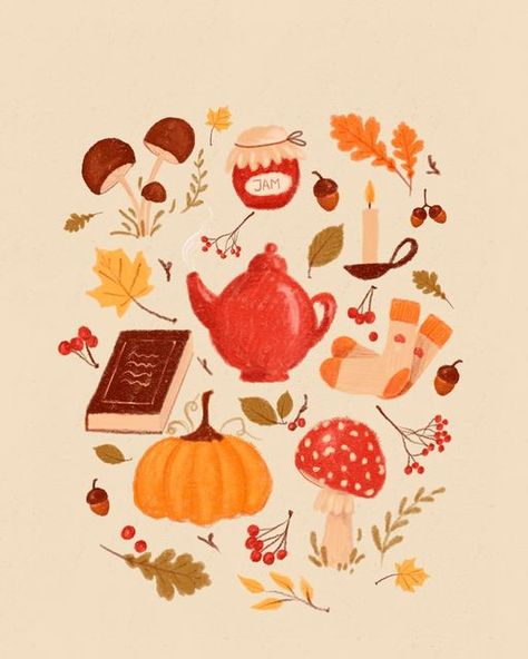 A.K. art ✨ on Instagram: "Autumn is coming🍁🍂 . . . . . . . . #autumn #autumnart #autumnillustration #autumnvibes #autumncolors #autumnmood #autumniscoming #autumninmyheart #autumnaesthetic #fall #illustration #illust #illustrationartists #illustragram #illustree #illustration_daily #illustrate #illustration_best #illustration_art #artwork #painting #digitalart #hygge #leaves #mushrooms #mushroomsillustration #procreateart #procreatedrawing" Cozy Autumn Illustration, Fall Illustration, Autumn In My Heart, Autumn Essentials, Gouache Illustrations, Autumn Illustration, Instagram Autumn, Create Drawing, Cozy Autumn