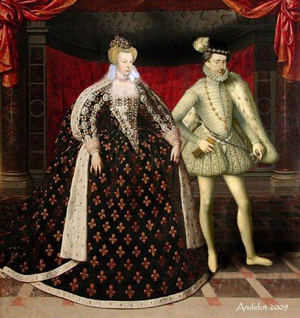 Wedding Anniversary of Marguerite & Henri IV 4/11/1572 - Marguerite de Valois - (1553-1615) Queen of France & of Navarre during the late 16th century. Daughter of King Henry II of France & Catherine de' Medici. A royal princess of France by birth, & the last of the House of Valois. She was famous for her beauty & style - she was 1 of the most fashionable women of her time, influencing Europe's Royal Courts. Notable for her own scandalous behavior & revealing that of others. Marie De Medici, Elizabethan Fashion, Medici Family, Catherine De Medici, Queen Of France, Henry Iv, French Royalty, Queen Of, French History