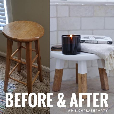 Stools For End Tables, Vanity Stool Diy, Stool Styling Ideas, Stool Ideas Decor, Pedal Stool Sink Bathroom Ideas, Stool Makeover Wooden, Stools In Bathroom, Repurpose Stools Ideas, Bar Stool Upcycle