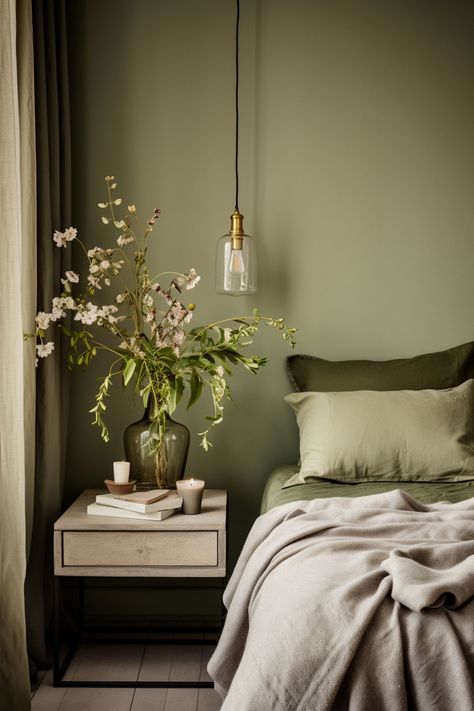 Master Room Paint Ideas, Green Walls Inspiration, Green And Gray Decor, Monochrome Green Room, Sage Grey Bedroom, Green Wall Paints, Moss Green Bedroom Ideas, Soft Green Room, Green And Grey Walls