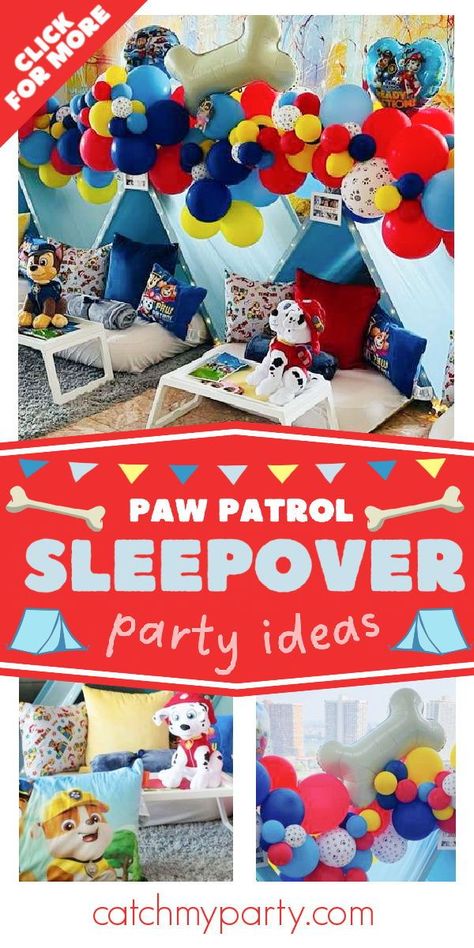 Don't miss this fun Paw Patrol sleepover! The teepees are fantastic! See more party ideas and share yours at CatchMyParty.com Paw Patrol Sleepover Ideas, Paw Patrol Teepee Party, Paw Patrol Movie Night, Paw Patrol Party Adopt A Puppy, Paw Patrol Party Signs, Paw Patrol Party On A Budget, Boy Sleepover, Teepee Sleepover Party Mattress, Sleepover Tents