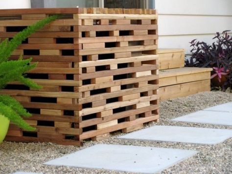 Stylish Air Conditioner Cover Ideas for Manufactured Homes Pool Fences, Ac Cover, Air Conditioner Cover, Air Conditioner Units, Fence Ideas, Pool Equipment, Privacy Fence, Manufactured Home, Wooden Pallets