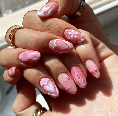 Miss Match Nails, Cherries Nails, Match Nails, Nail Art Pink, Pink Nail Art Designs, Emerald Nails, Summer Gel Nails, Miss Match, Cherry Nails