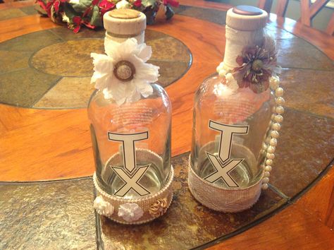 TX Whiskey bottles, I didn't want to spray paint so the TX would show through. Tx Whiskey Bottle Crafts, Tx Whiskey, Whiskey Bottle Crafts, Whiskey Bottles, Hey Bartender, Bottle Corks, Bottle Crafts, Spray Paint, Wedding Stuff