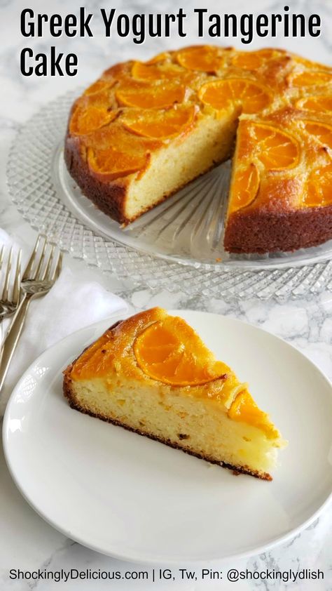 Greek Yogurt Tangerine Cake checks all the boxes: pretty, easy, moist, bright citrus flavor from the baked candied tangerine slices on top, sweet but not cloying. It makes a perfect dessert, snack with tea, or breakfast treat. It's a wonderful cake to take to a friend or serve at a party, because it makes 10 nice-sized pieces. And it tastes as good or even better the next day, if people will leave it alone that long. #shockinglydelicious #tangerinecake #springsweetsweek #sponsored Tangerine Cake, Dessert Cravings, Dessert Cakes, Amazing Desserts, Photo Food, Simple Cake, Strawberry Cakes, Moist Cakes, Red Food