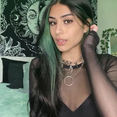 Green Hair Streaks, Under Hair Color, Under Hair Dye, Black And Green Hair, Turtle Neck Blouse, Face Framing Hair, Color Block Hair, Hair Color Underneath, Mint Hair