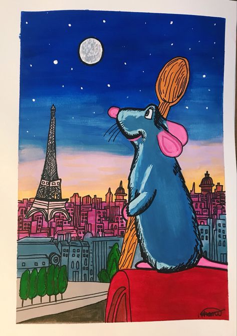 #diy #illustration #painting #ratatouille #aesthetic #disney #gouache #easy #remy Disney Gouache Paintings, Ratatouille Painting Canvas, Ratatouille Painting Easy, Disney Movie Paintings, Ratatouille Drawing Easy, Disney Gouache, Movie Scene Painting, Ratatouille Painting, Disney Art Painting Easy