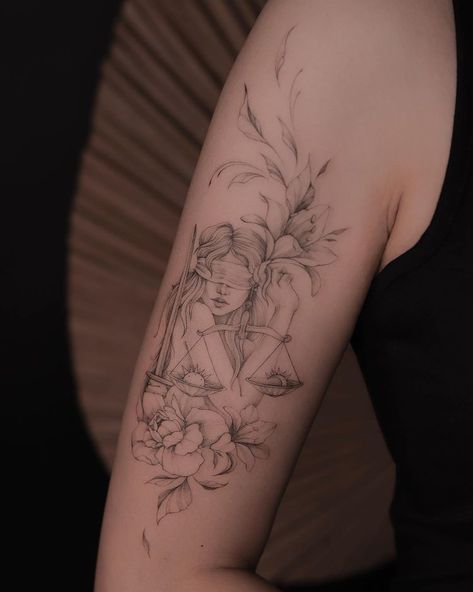 Anastasia | TATTOO ARTIST | Themis is the Goddess of justice ⚖️ | Instagram Goddess Themis Tattoo, Bia Goddess Tattoo, Astraea Goddess Tattoo, Zodiac Academy Tattoo Ideas, Themis Tattoo Design, Themis Goddess Tattoo, Artemis Goddess Tattoo, Greek Goddess Tattoo Aphrodite, Tattoos Of Women Goddesses