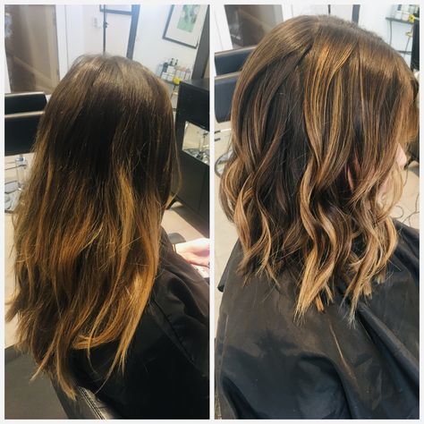 Lob With Partial Highlights, Layered Lob Balayage, Lob Ombre Brunette, Caramel Balayage Lob, Low Maintenance Carmel Balayage, Short Layered Hair, Carmel Balayage, Balayage Lob, Lob Haircuts