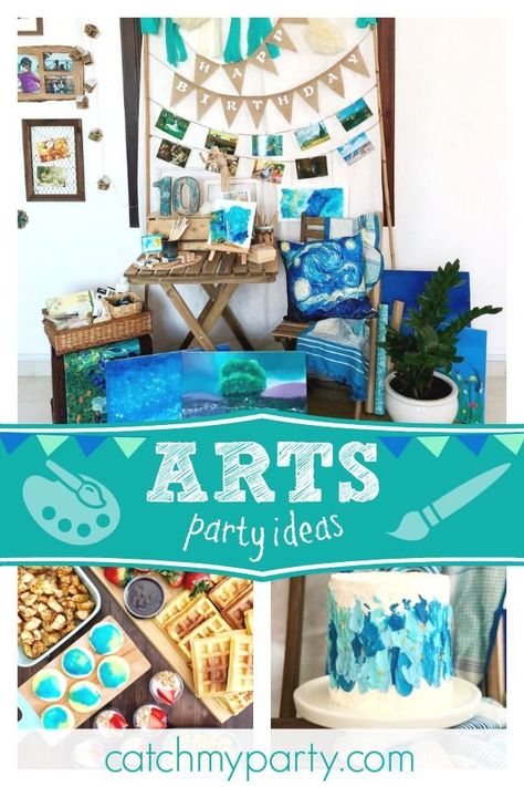 Don't miss this beautiful arts inspired birthday party! The cookies are gorgeous! See more party ideas and share yours at CatchMyParty.com #catchmyparty #partyideas #arts #artist #artsparty #girlbirthdayparty Art Gallery Themed Party, Art Gallery Party, Art Theme Party, Artist Birthday Party, 12th Birthday Party Ideas, Kids Art Party, Art Themed Party, Artist Birthday, Girls Birthday Party Themes